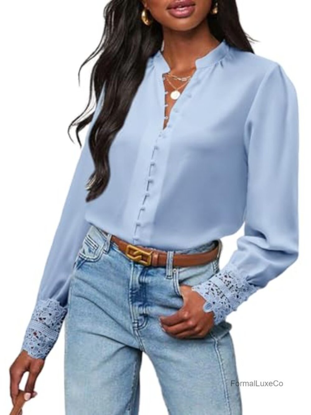 Women's Chiffon Blouse Long Sleeve Lace Cuff Button Down Business Shirt